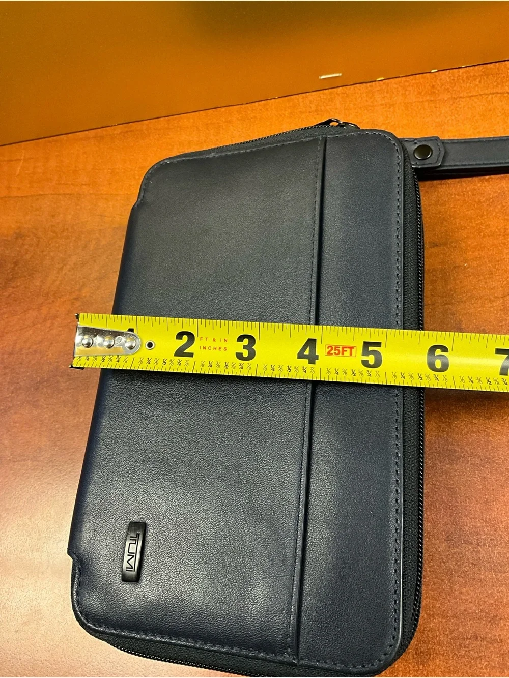 Tumi Navy Leather Toiletry Wrist Pouch